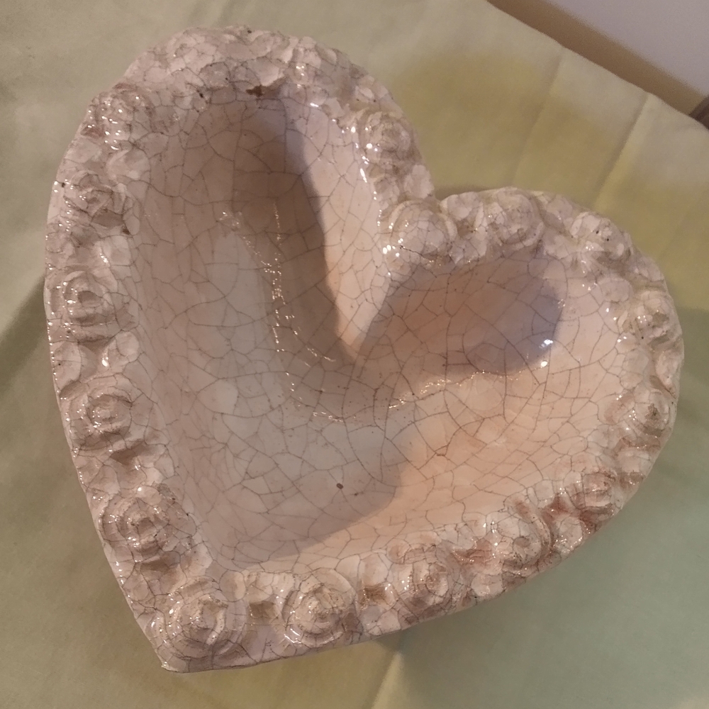 Handmade Heart-Shaped Pink Crackle Glazed Pottery with Rose Details